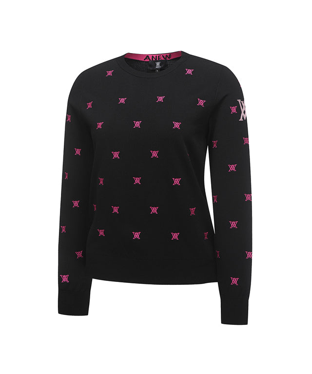 ANEW Golf Women Monogram Logo Point Pullover Sweater in Black, featuring embroidered logo and stylish design.